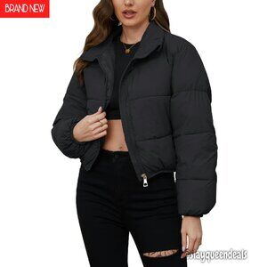 Women's Cropped Puffer Jacket Full Zip Stand Collar Winter Warm Coat